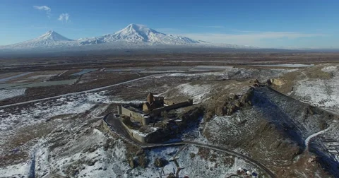 Khor Virap Monastery panorama at sunrise in front of Ararat Mountain, Armenia Stock Footage 59366033