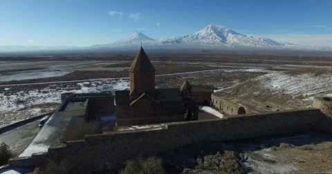 Khor Virap Monastery panorama at sunrise in front of Ararat Mountain, Armenia Video stock 59367422