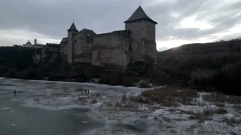 Khotyn fortress in the rays of sunset Stock Footage 147938635