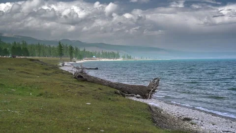 Khovsgol Lake in Mongolia surrounded by pine forest - Hubsugul and Taiga Shore Stock Footage 339826695