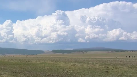 Khuvsgul's Grand Clouds Paint the Boundless Mongolian Steppe Sky Stock Footage 344613947