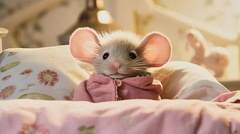 KI generative Illustration einer niedlichen Maus in rosa Kleidung in einem... Stock Photos