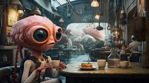 KI Generative Illustration eines süßen Alien trinken Kaffee in einem CafÃ  Stock-Fotos