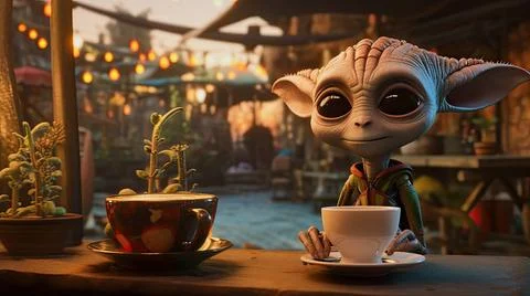 KI Generative Illustration eines süßen Alien trinken Kaffee in einem CafÃ  Stock-Fotos