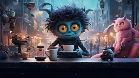 KI Generative Illustration eines süßen Alien trinken Kaffee in einem CafÃ  Stock-Fotos