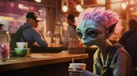 KI Generative Illustration eines süßen Alien trinken Kaffee in einem CafÃ  Stock-Fotos