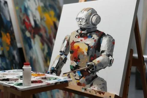 KI-Roboter malt ein mit generativer KI-Technologie erstelltes Kunstwerk **... Stock Photos
