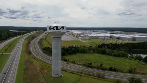 Kia West Point Assembly Plant water tower at 7777 Kia Parkway Georgia USA drone Stock Footage 331575431