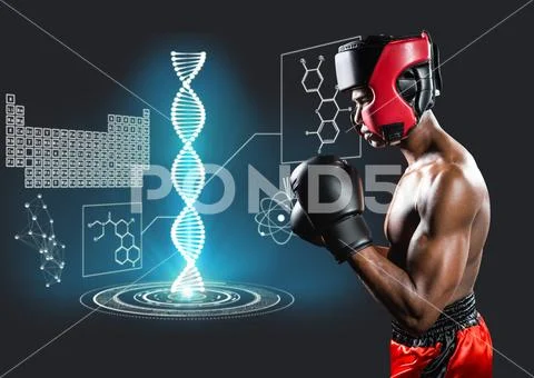 Kick boxing men with blue lights dna chain behind. Dark background Stock Photos