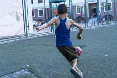 A kick of a goalkeeper from back side Stockfoto's
