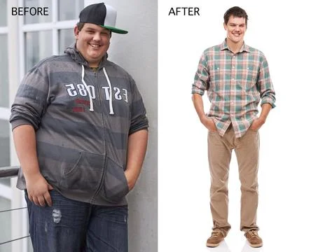 Kicking diabetes to the curb. Before and after shot of a young mans weight loss. Stock Photos