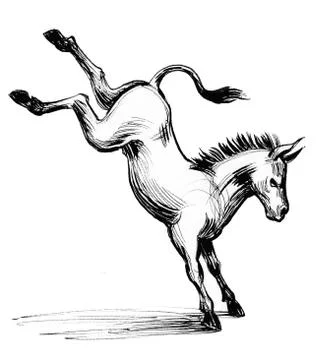 Kicking donkey. Ink black and white drawing Stock Illustration