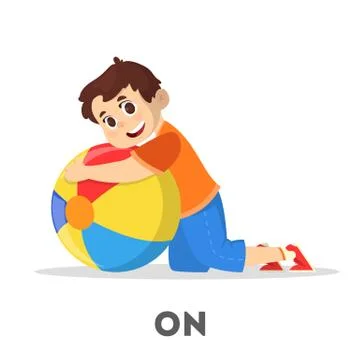 Kid and ball. Learning preposition concept. The boy Illustrazione stock