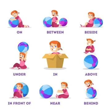 Kid and ball set. Learning preposition concept. Little girl Stock Illustration