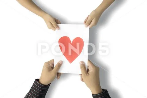 Kid and dad holds greeting card Stock Photos