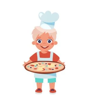 A kid in an apron and a chef s hat holds a platter of pizza or paella. Cooking Illustrazione stock