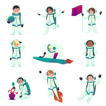 Kid astronauts cartoon vector characters with rocket, set of flat illuatrations Ilustração Stock