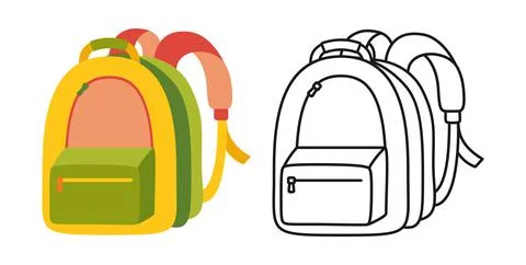 Kid backpack flat cartoon set line icon sign vector Stock Illustration