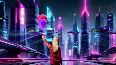 Kid balloon standing infront of scifi city Stock Footage 270364184