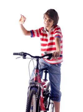 Kid on bicycle on white background Stock Photos