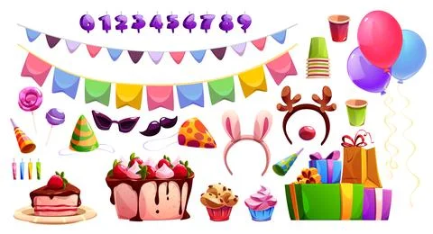 Kid birthday party design elements set on white Stock Illustration