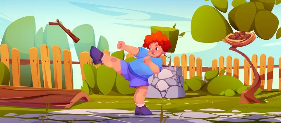Kid boy break tree branch using karate kick Stock Illustration