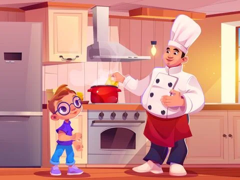 Kid boy with chef in kitchen of restaurant Stock Illustration