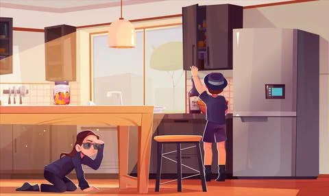 Kid boy detective spy in kitchen room for secret Stock Illustration