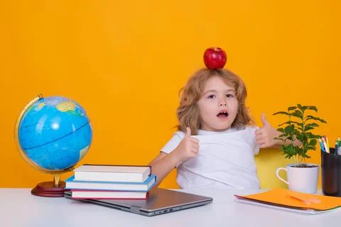 Kid boy from elementary school with book on yellow isolated background. Little Stock Photos