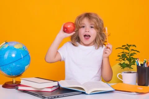 Kid boy from elementary school with book on yellow isolated background. Little Stock Photos