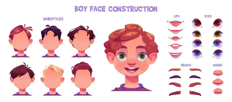 Kid boy face construction kit - cartoon vector 스톡 일러스트