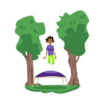 Kid boy jumping on trampoline between trees flat vector illustration isolated. Stock Illustration