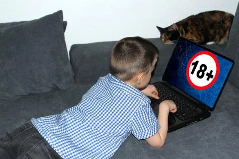 Kid, a boy is lying on the sofa in front of an open laptop, technological bac Stock-Fotos