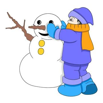 Kid boy is playing in winter making big snowman Stock Illustration