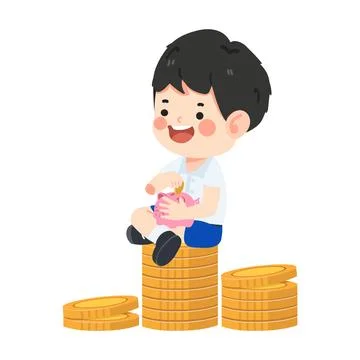 Kid boy student sitting on a stack of coins 스톡 일러스트
