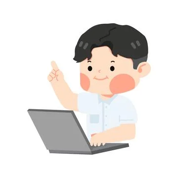 Kid Boy student using computer pointing 스톡 일러스트