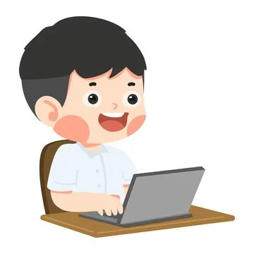 Kid Boy student using computer cartoon Stock Illustration