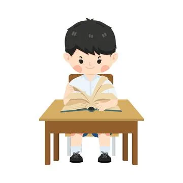 Kid boy students reading a book on table Stock Illustration