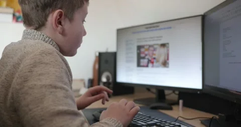 Kid Boy Use Desktop Computer for Study Typing and Reading. 4K 10-bit Stock Footage 339065532