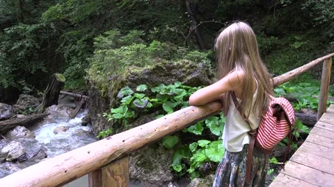 Kid on Bridge at Camping in Mountains Trails, Child Hiking in Excursion, Young 動画素材 162215185