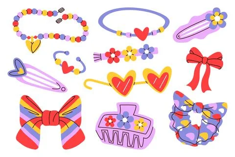 Kid brightly colored accessories set. Cartoon drawing of accessories for chil Stock Illustration