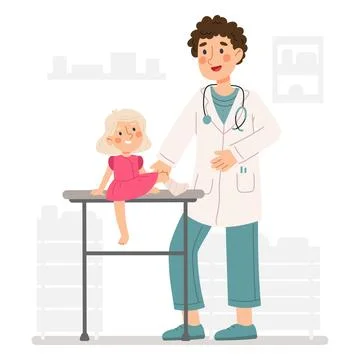 Kid with a broken leg in the trauma doctor's office.Person with plaster cas.. Stock Illustration