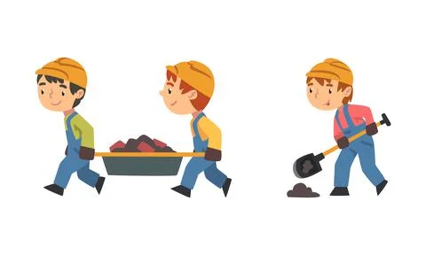 Kid builders working with construction equipment set cartoon vector illustration イラスト素材
