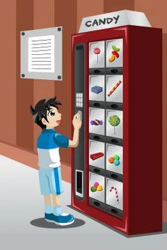 Kid buying candy from a vending machine Illustrazione stock
