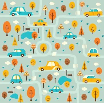 Kid car seamless pattern, roads, trees, vehicles Stock Illustration