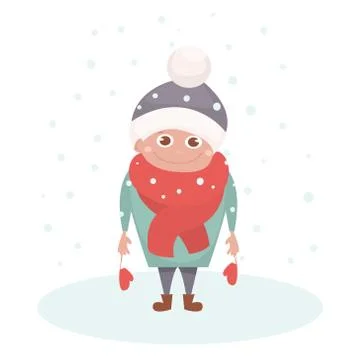 Kid character under snowflake isolated on white. Happy kid on winter. Vecto.. 스톡 일러스트
