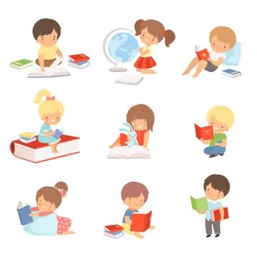 Kid Characters Learning to Read Vector Illustrations Set 스톡 일러스트