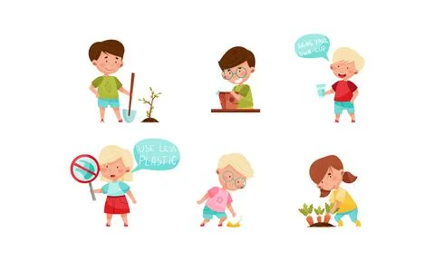Kid Characters Refusing from Plastic and Planting Vector Set Stock Illustration