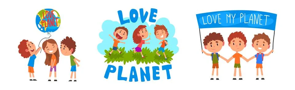 Kid Characters Save Planet and Care of Environment Vector Set Stock Illustration
