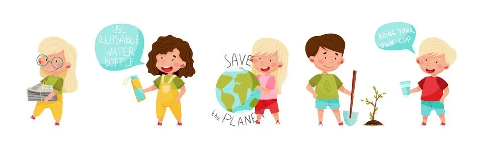 Kid Characters Saving Planet Take Care of Environment Vector Set Stock Illustration
